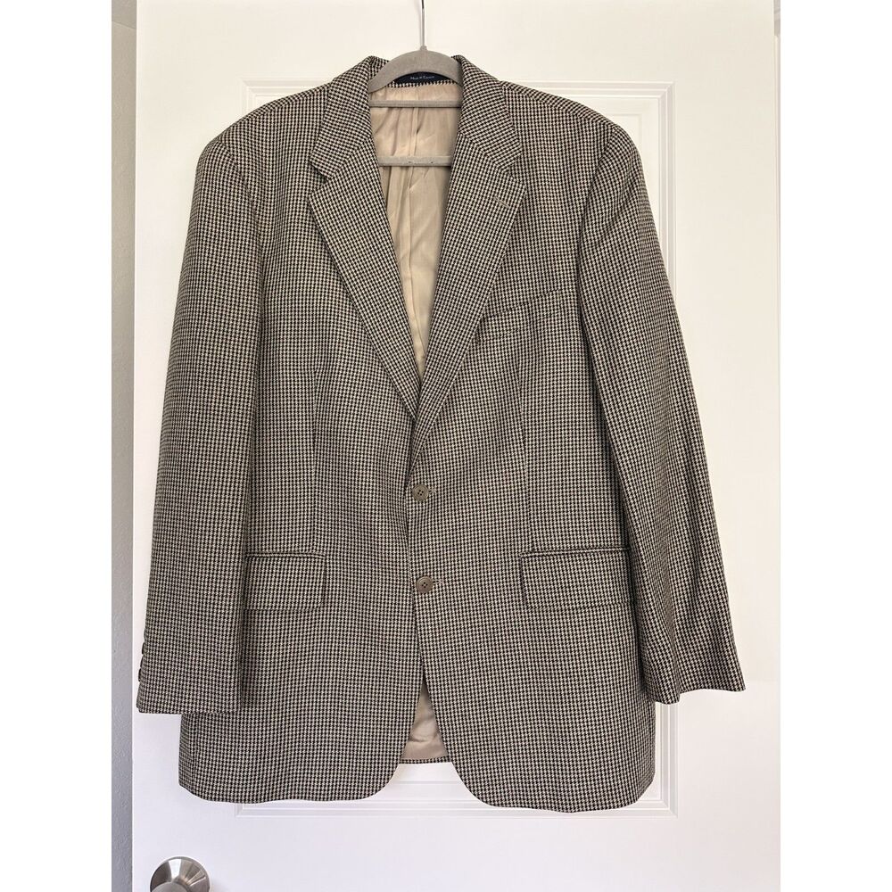 Chaps Ralph Lauren Mens 44 SILK WOOL Blazer Brown Tan Houndstooth Made in Canada